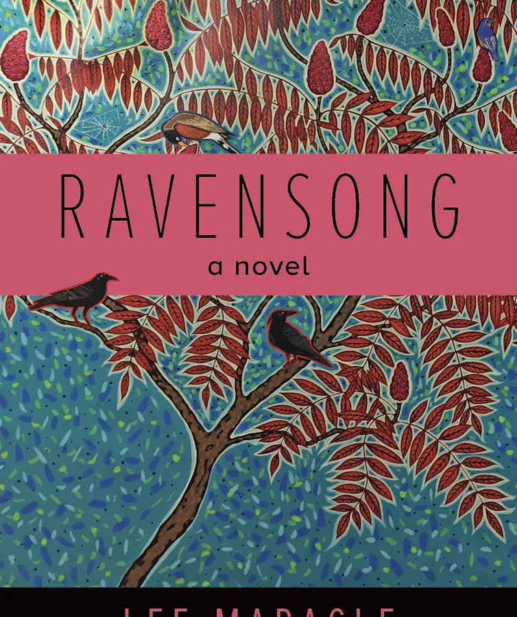 Book cover with the title Ravensong showing images of birds in branches.